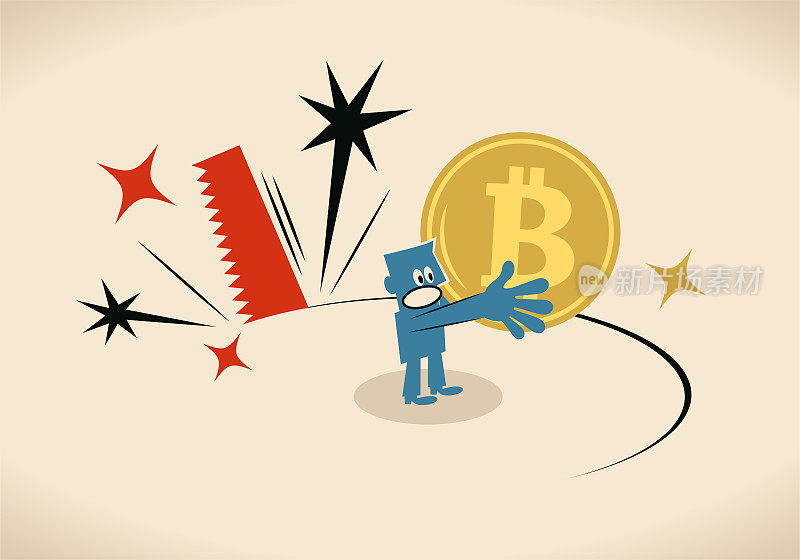 The big saw is cutting the ground from under blue man's feet who is holding bitcoin cryptocurrency; Recession, devaluation, economic depression, currency crisis